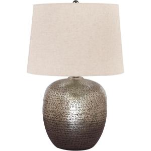 Signature Design by Ashley Magalie Contemporary UL Listed Table Lamp with Modified Drum Shade, 3-Way Switch, Hammered Aluminum, 23.13″ High, Antique Silver(Antique Silver Finish)