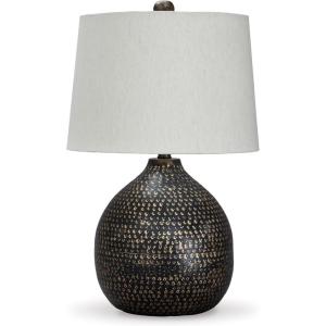 Signature Design by Ashley Magalie Contemporary UL Listed Table Lamp with Modified Drum Shade, 3-Way Switch, Hammered Aluminum, 23.13″ High, Antique Silver(White)