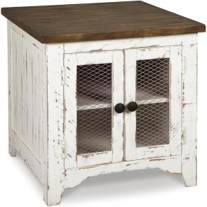 Signature Design by Ashley Moriville Rustic Farmhouse Rectangular End Table with Dual Cabinet Doors, Antique Bronze-Tone Hardware, Wood, 25″ High, Brown(White/Brown)