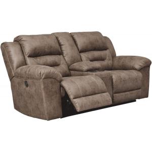 Signature Design by Ashley Stoneland Faux Leather Manual Double Reclining Loveseat with Center Console, Light Brown(Grey)
