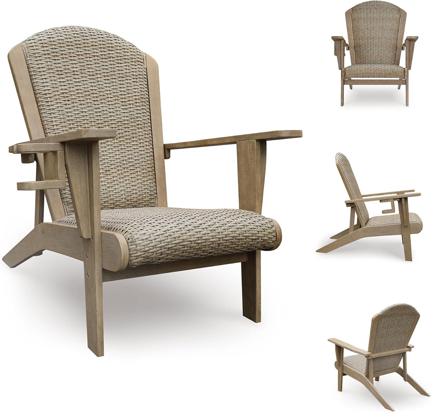 imageSignature Design by Ashley Bradstreet Bay Casual Outdoor Eucalyptus Wood Padded High Back Adirondack Chair with Handwoven Resin Wicker Beige