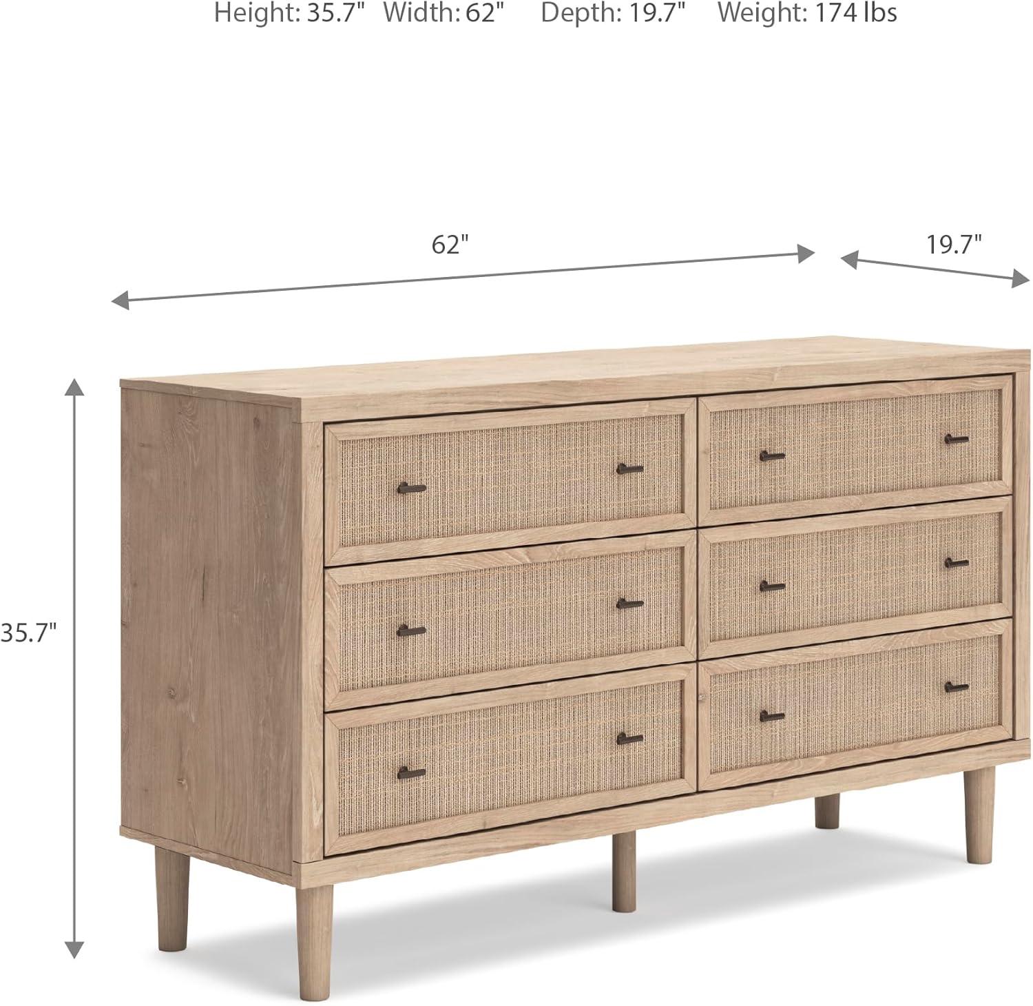 imageSignature Design by Ashley Cielden Coastal 6Drawer Dresser BronzeTone Knobs Safety Stop Textured Cane Details 6201quot W x 1965quot D x 3567quot H Light BrownLight Brown