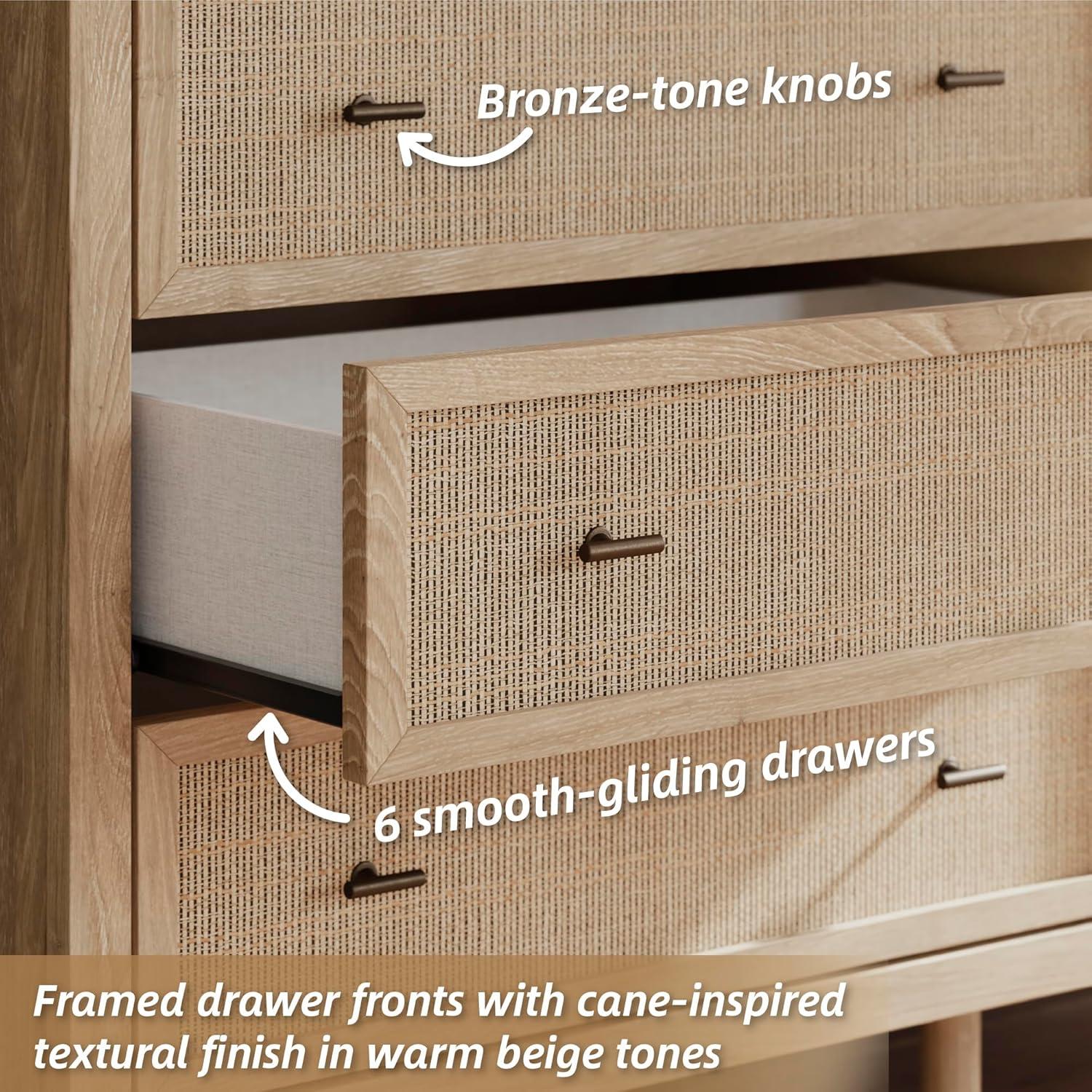 imageSignature Design by Ashley Cielden Coastal 6Drawer Dresser BronzeTone Knobs Safety Stop Textured Cane Details 6201quot W x 1965quot D x 3567quot H Light BrownLight Brown