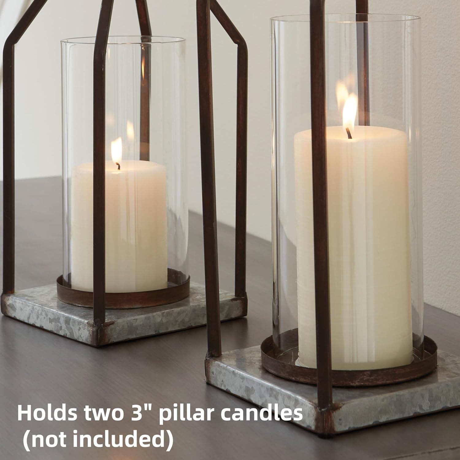 imageSignature Design by Ashley Diedrick Rustic Lantern Set of 2 IndoorOutdoor Galvanized Metal Antiqued Finish Glass Shade Holds 3 in Pillar Candles Not Included 19quot ampamp17quot Gray and BlackRustic