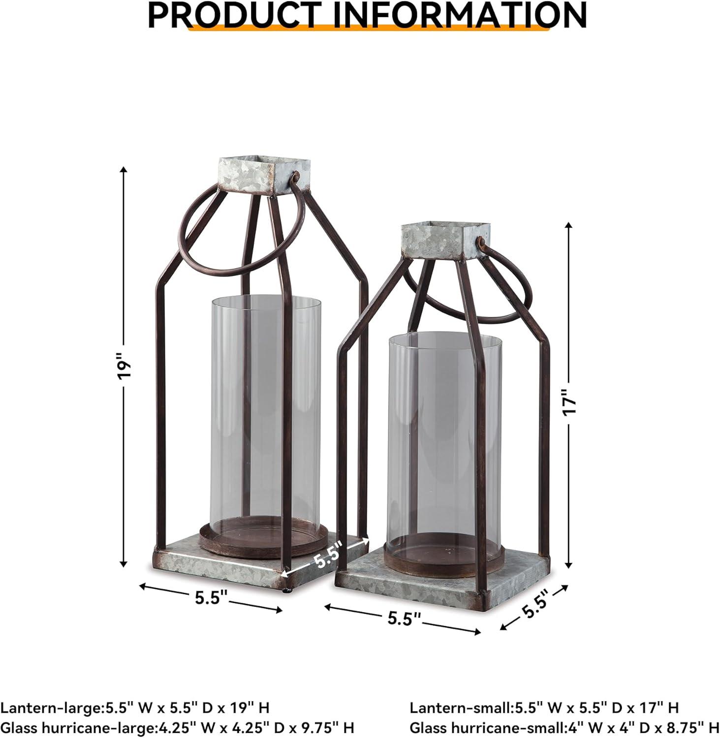 imageSignature Design by Ashley Diedrick Rustic Lantern Set of 2 IndoorOutdoor Galvanized Metal Antiqued Finish Glass Shade Holds 3 in Pillar Candles Not Included 19quot ampamp17quot Gray and BlackRustic