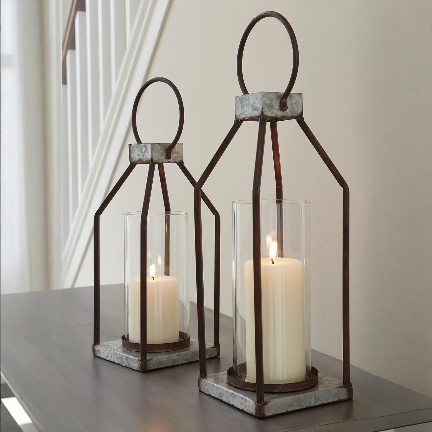 imageSignature Design by Ashley Diedrick Rustic Lantern Set of 2 IndoorOutdoor Galvanized Metal Antiqued Finish Glass Shade Holds 3 in Pillar Candles Not Included 19quot ampamp17quot Gray and BlackRustic