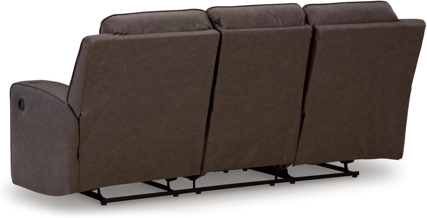 imageSignature Design by Ashley Lavenhorne Modern Faux Leather Manual Reclining Sofa with Drop Down Table Cup Holders and USB Ports Dark BrownDark Brown