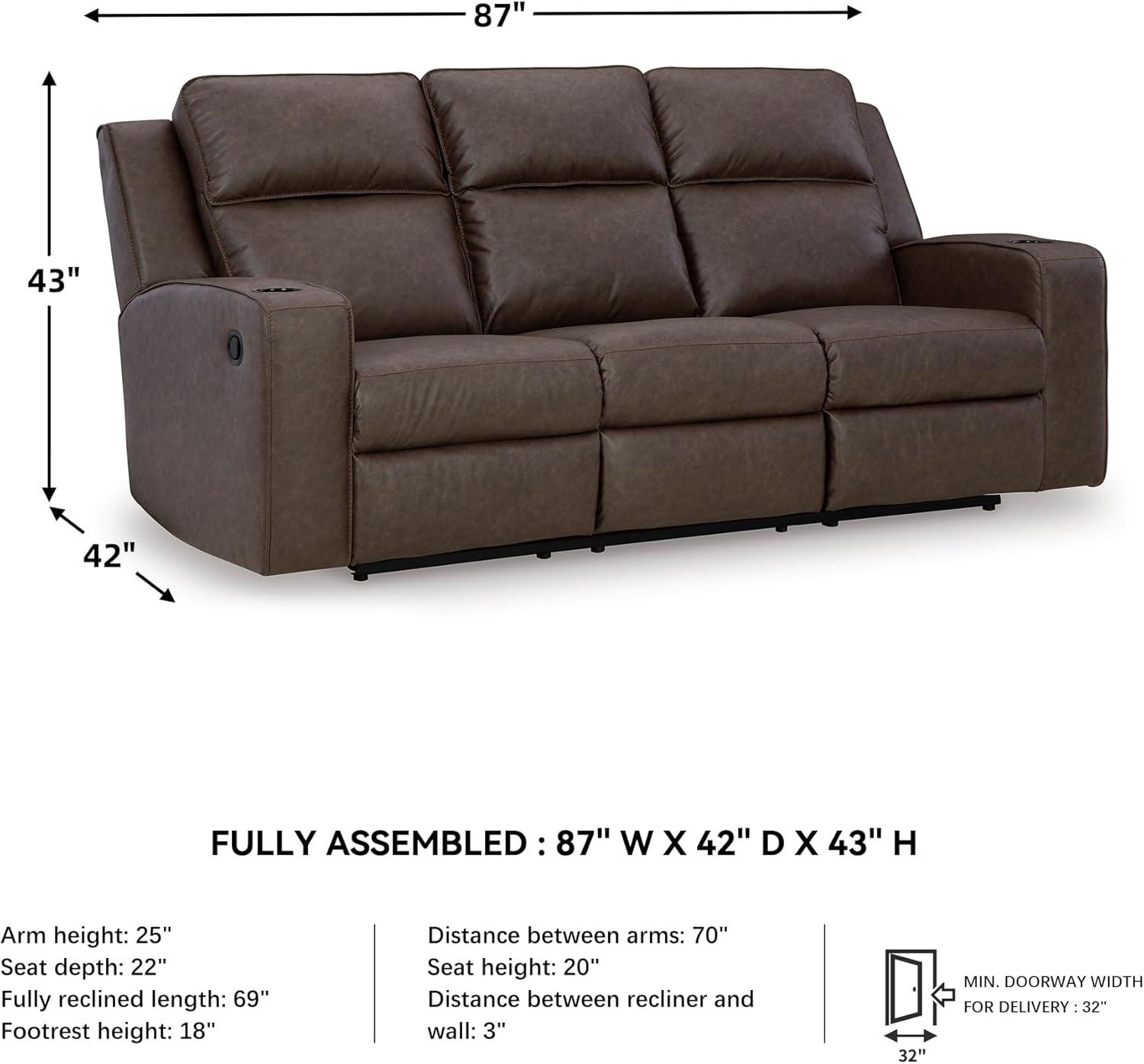 imageSignature Design by Ashley Lavenhorne Modern Faux Leather Manual Reclining Sofa with Drop Down Table Cup Holders and USB Ports Dark BrownDark Brown