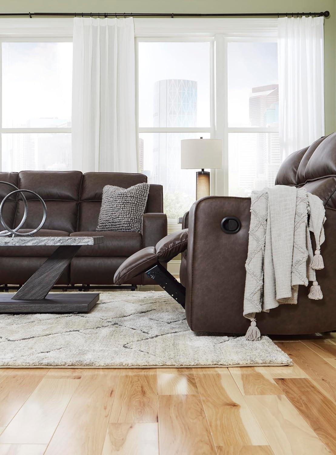 imageSignature Design by Ashley Lavenhorne Modern Faux Leather Manual Reclining Sofa with Drop Down Table Cup Holders and USB Ports Dark BrownDark Brown