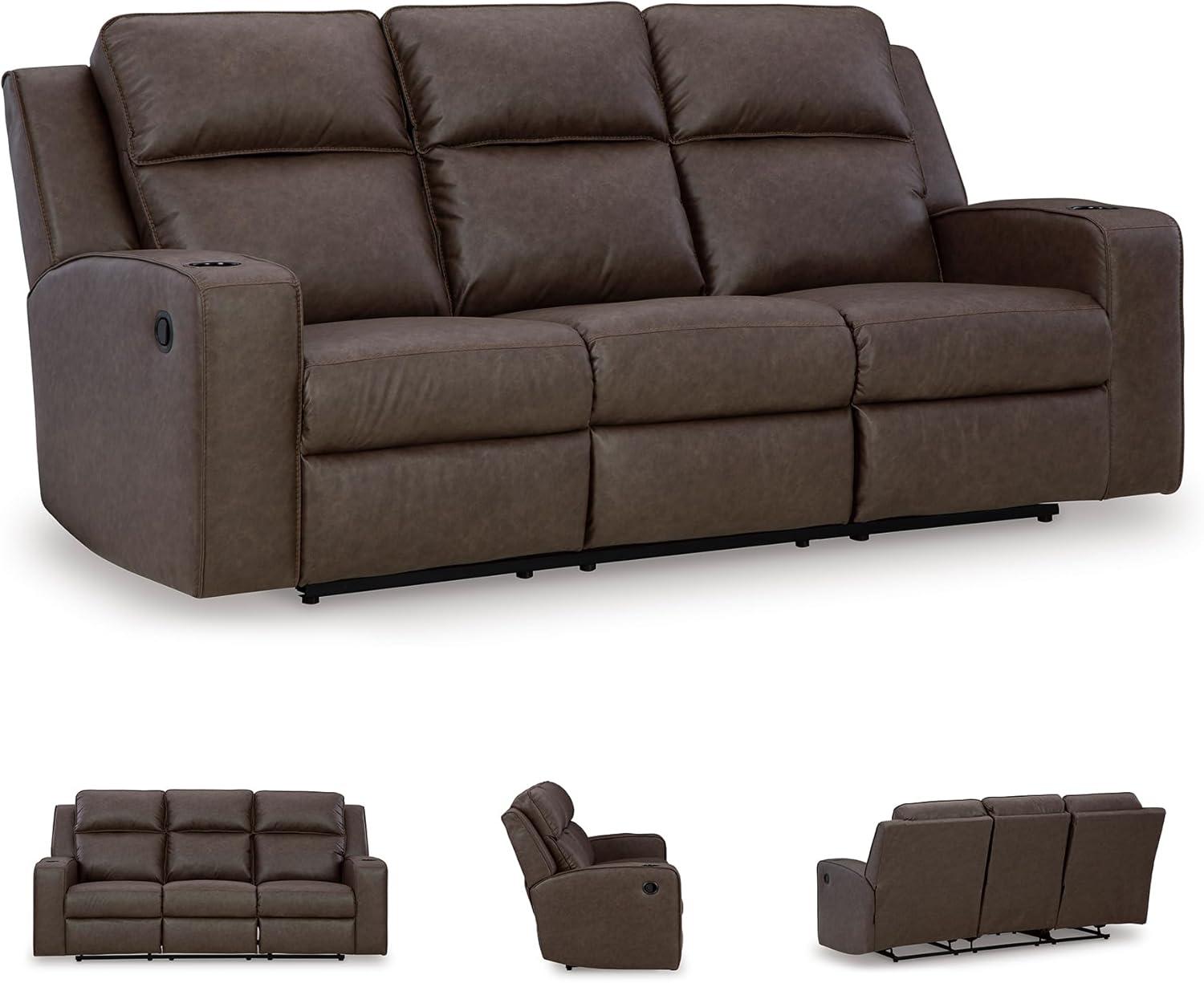 imageSignature Design by Ashley Lavenhorne Modern Faux Leather Manual Reclining Sofa with Drop Down Table Cup Holders and USB Ports Dark BrownDark Brown