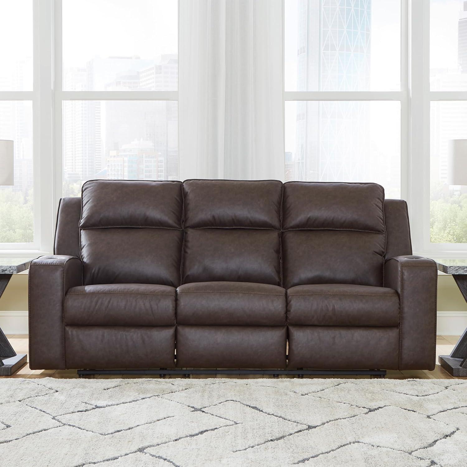 imageSignature Design by Ashley Lavenhorne Modern Faux Leather Manual Reclining Sofa with Drop Down Table Cup Holders and USB Ports Dark BrownDark Brown