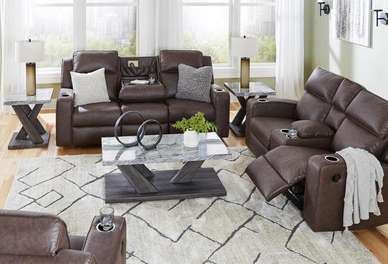 imageSignature Design by Ashley Lavenhorne Modern Faux Leather Manual Reclining Sofa with Drop Down Table Cup Holders and USB Ports Dark BrownDark Brown