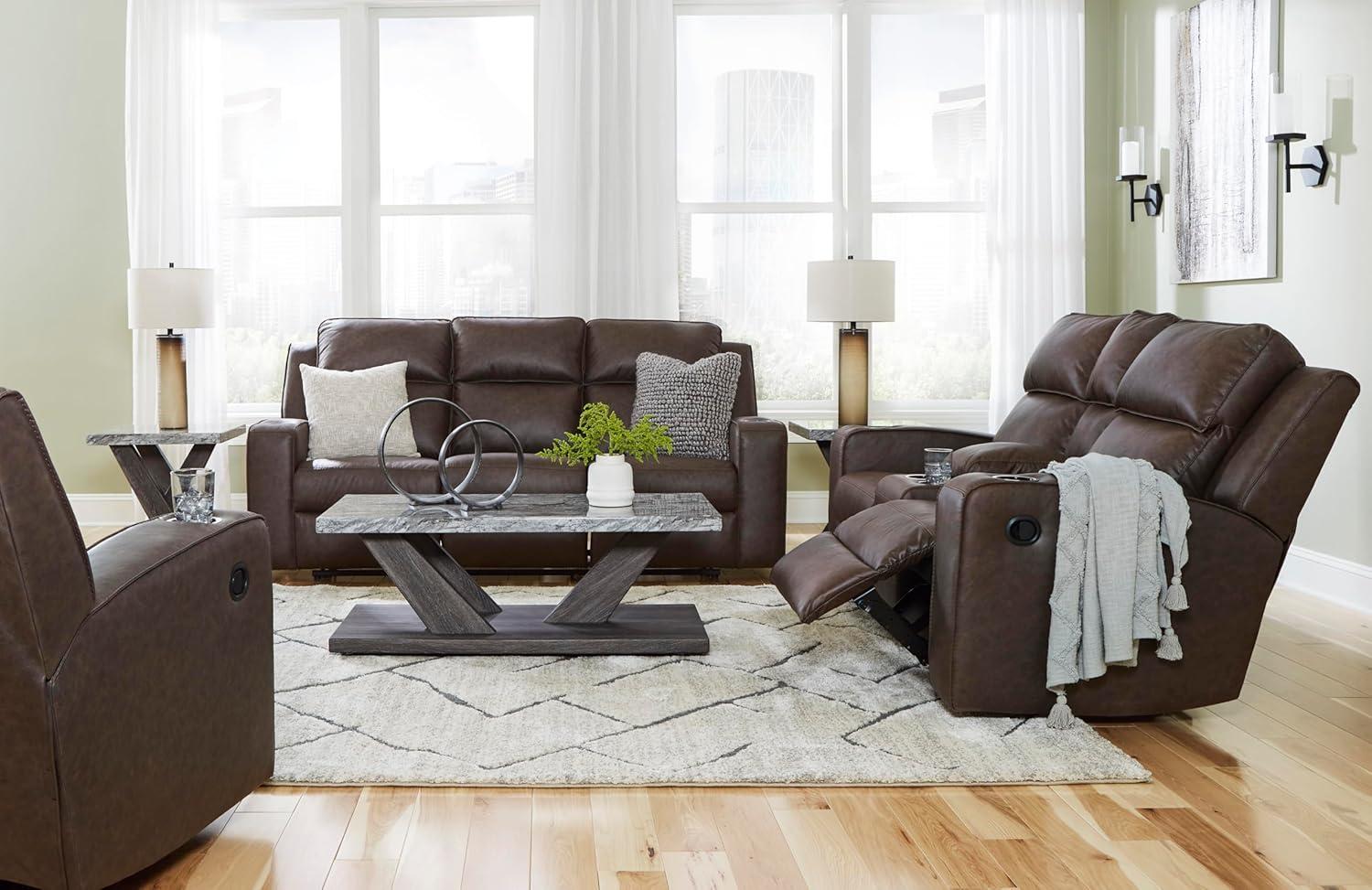 imageSignature Design by Ashley Lavenhorne Modern Faux Leather Manual Reclining Sofa with Drop Down Table Cup Holders and USB Ports Dark BrownDark Brown