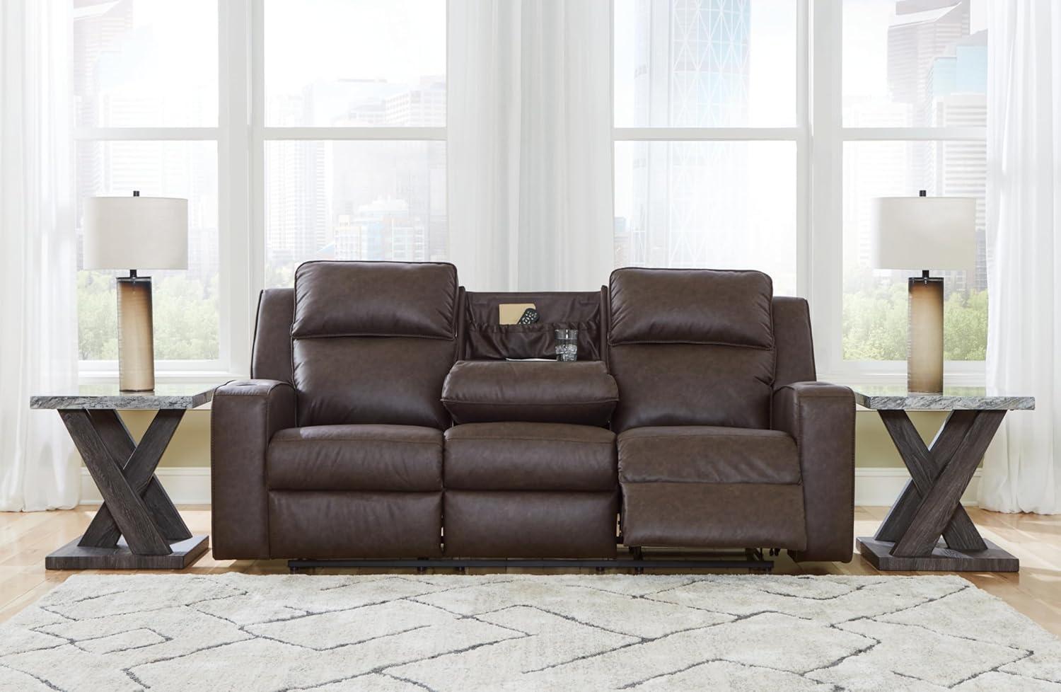 imageSignature Design by Ashley Lavenhorne Modern Faux Leather Manual Reclining Sofa with Drop Down Table Cup Holders and USB Ports Dark BrownDark Brown