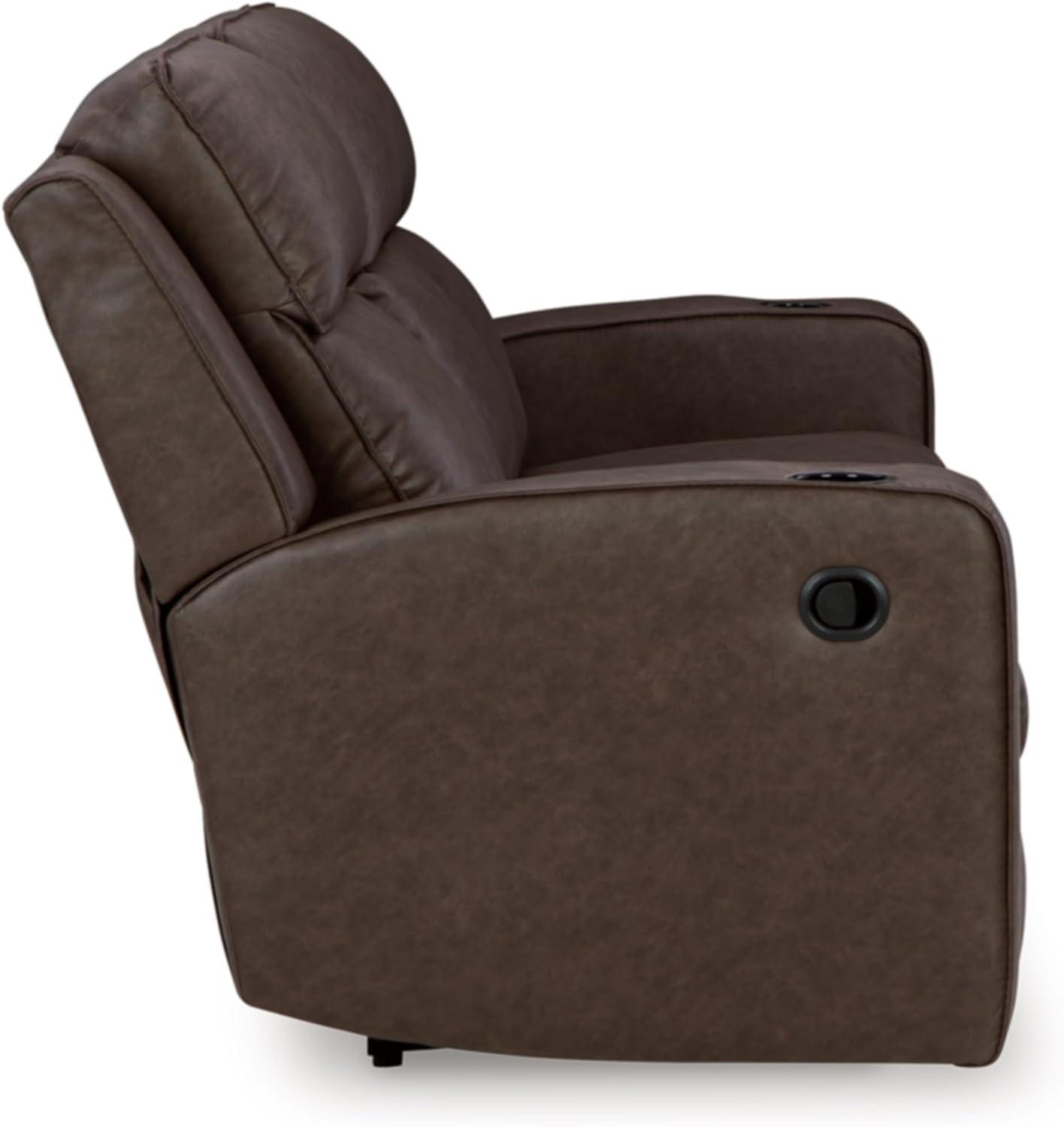 imageSignature Design by Ashley Lavenhorne Modern Faux Leather Manual Reclining Sofa with Drop Down Table Cup Holders and USB Ports Dark BrownDark Brown