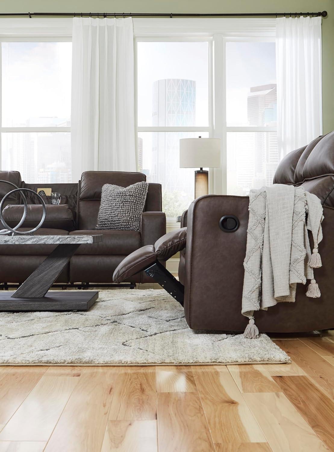 imageSignature Design by Ashley Lavenhorne Modern Faux Leather Manual Reclining Sofa with Drop Down Table Cup Holders and USB Ports Dark BrownDark Brown