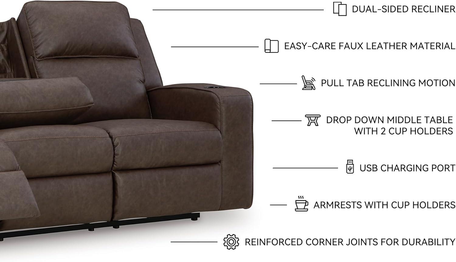 imageSignature Design by Ashley Lavenhorne Modern Faux Leather Manual Reclining Sofa with Drop Down Table Cup Holders and USB Ports Dark BrownDark Brown