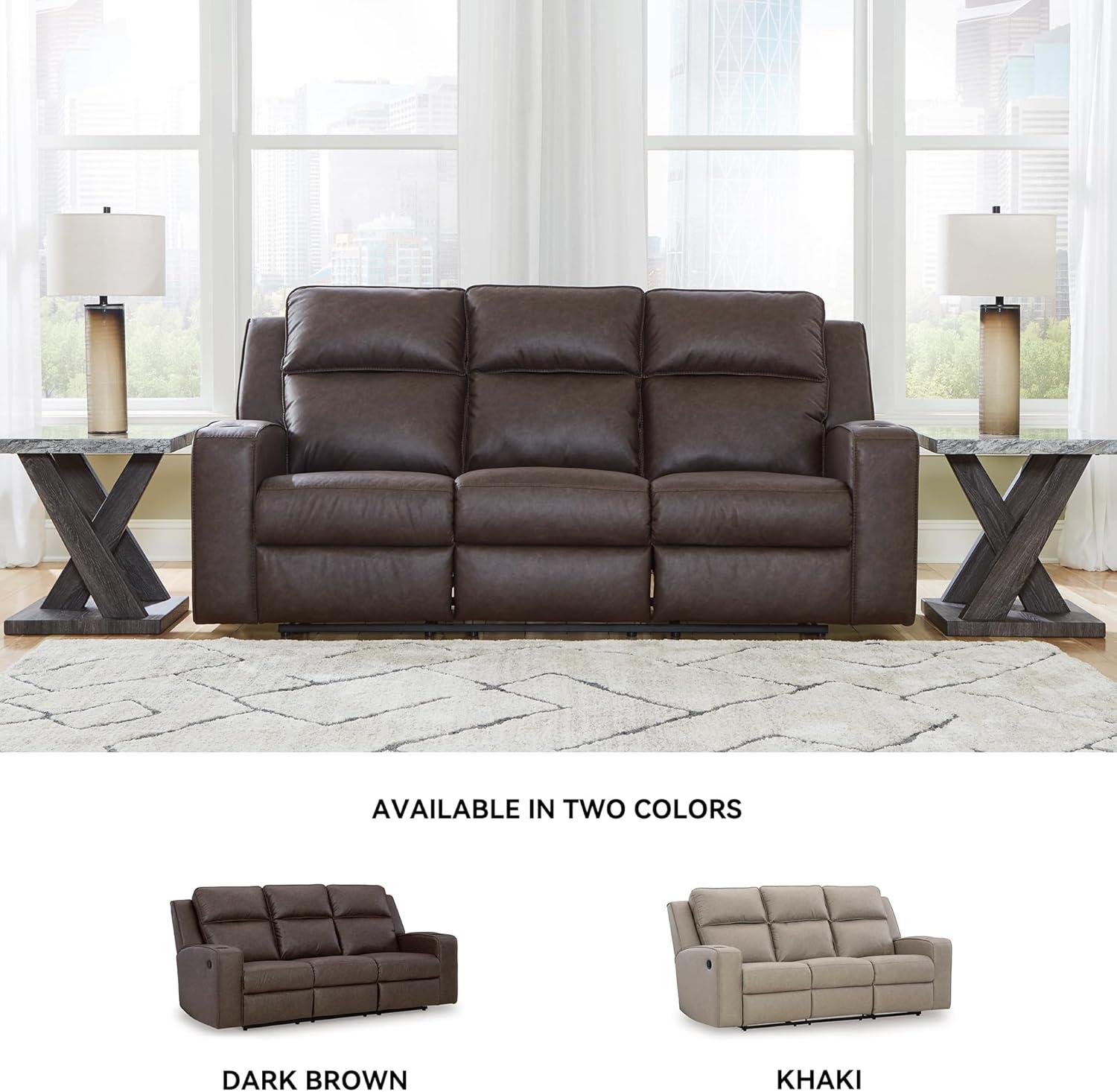 imageSignature Design by Ashley Lavenhorne Modern Faux Leather Manual Reclining Sofa with Drop Down Table Cup Holders and USB Ports Dark BrownDark Brown