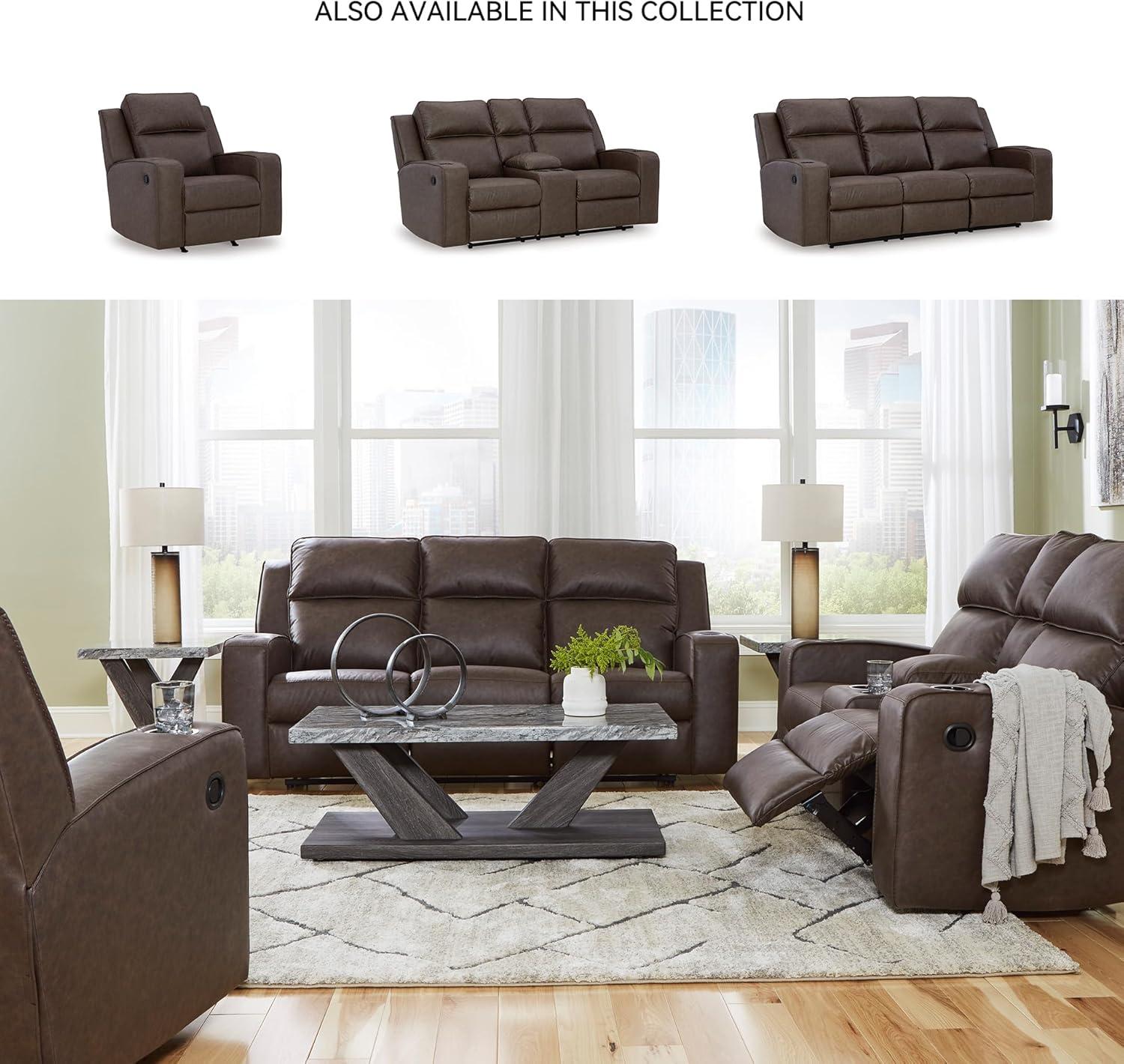 imageSignature Design by Ashley Lavenhorne Modern Faux Leather Manual Reclining Sofa with Drop Down Table Cup Holders and USB Ports Dark BrownDark Brown