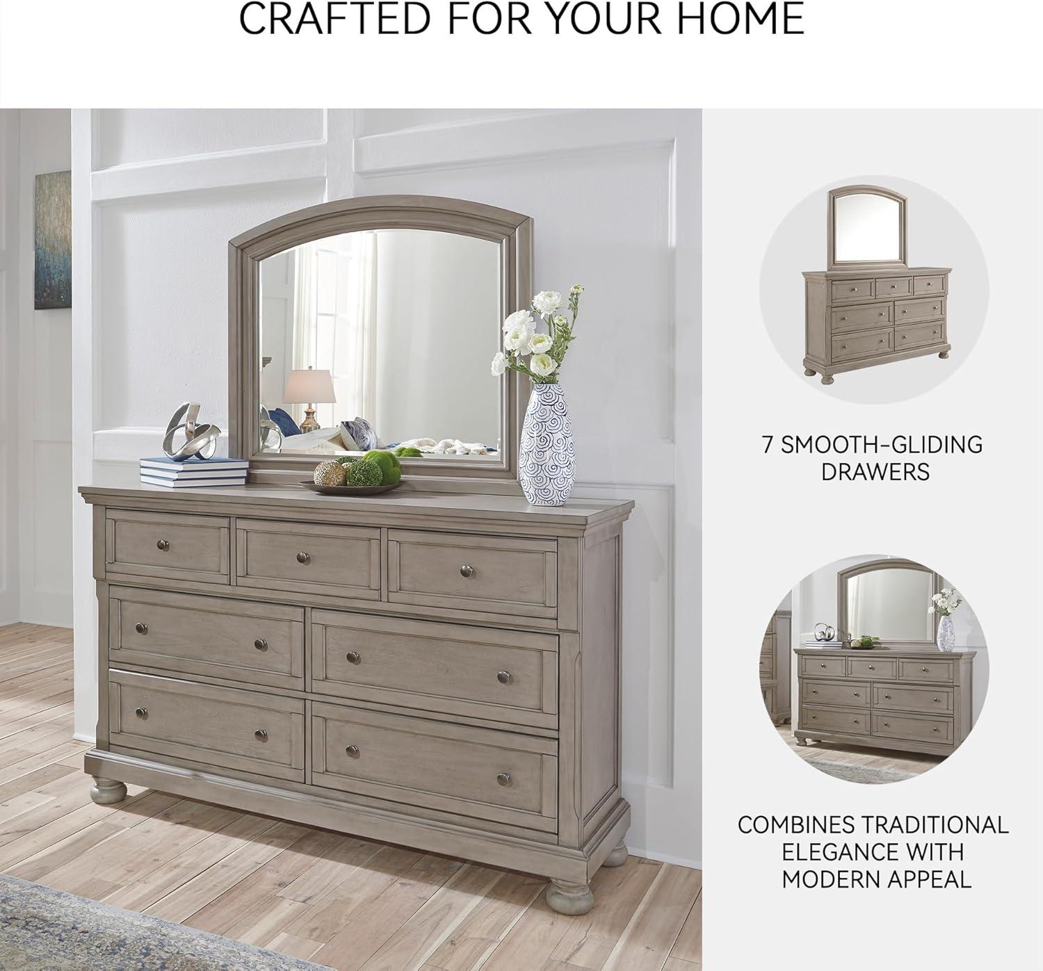 imageSignature Design by Ashley Lettner Traditional SmoothGliding 7Drawer Dresser and Mirror with Safety Stop FeltLined Top Drawers and PullOut Tray Light GrayLight Gray