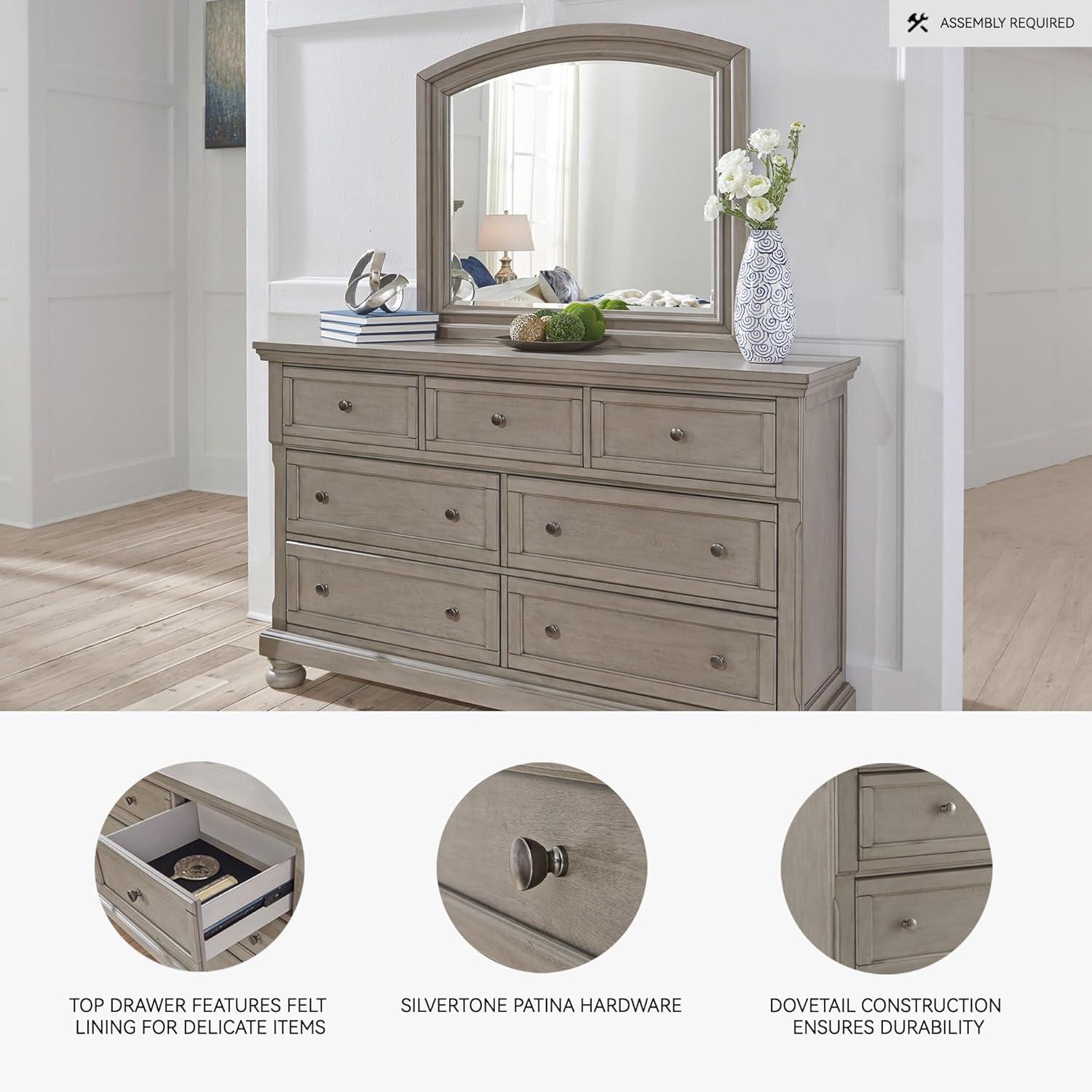 imageSignature Design by Ashley Lettner Traditional SmoothGliding 7Drawer Dresser and Mirror with Safety Stop FeltLined Top Drawers and PullOut Tray Light GrayLight Gray