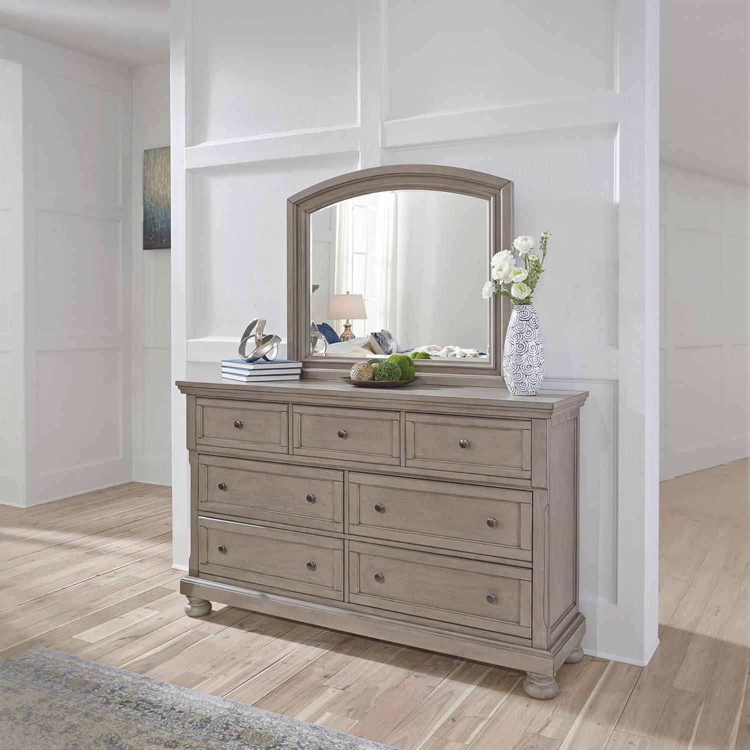 imageSignature Design by Ashley Lettner Traditional SmoothGliding 7Drawer Dresser and Mirror with Safety Stop FeltLined Top Drawers and PullOut Tray Light GrayLight Gray