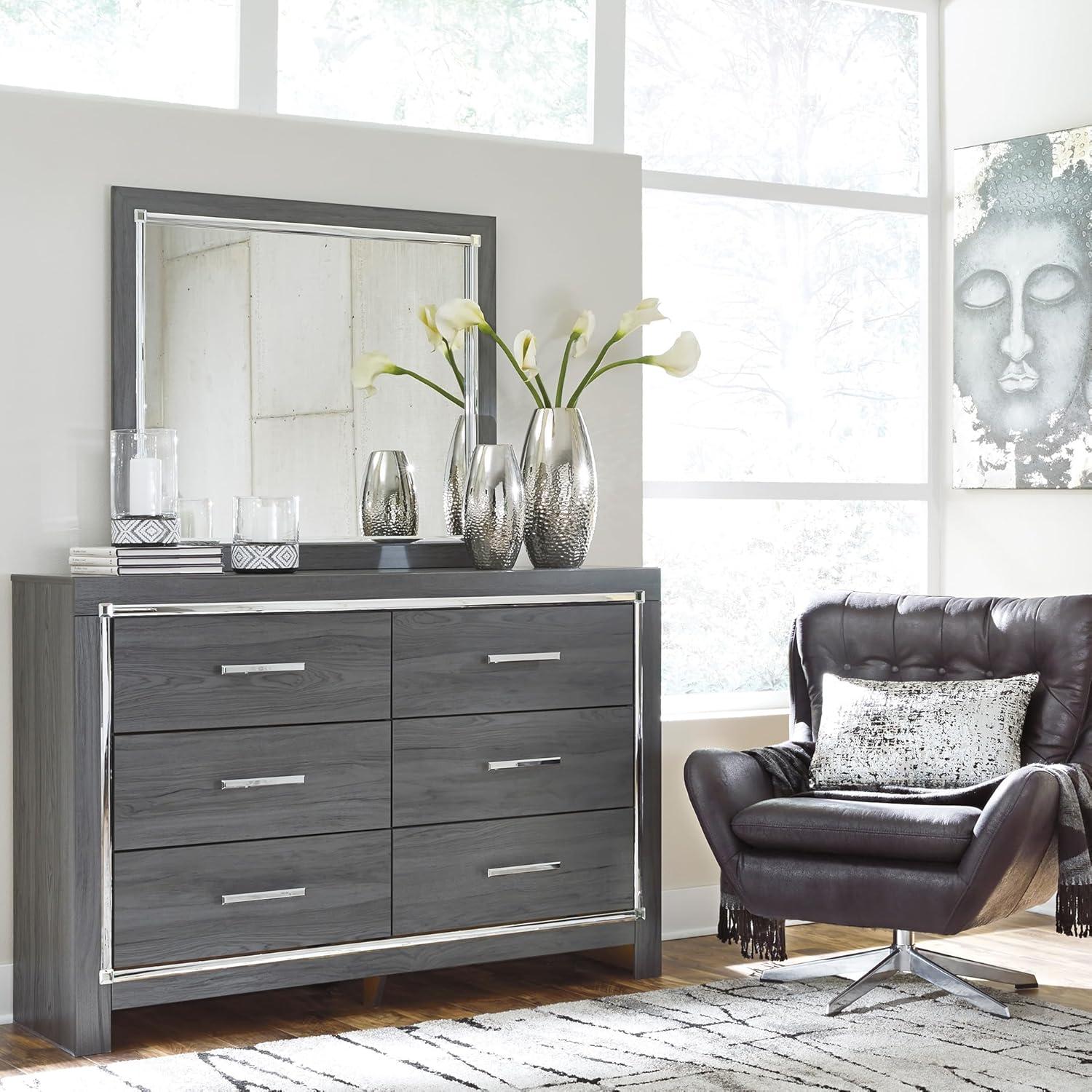 imageSignature Design by Ashley Lodanna Modern SmoothGliding 6Drawer Dresser and Mirror with Safety Stop Tipover Restraint Faceted ChromeTone Accents Lined Drawers Gray FinishGrey