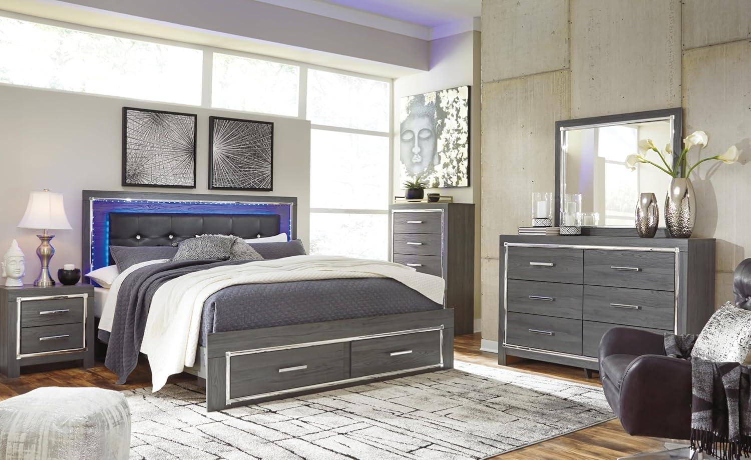 imageSignature Design by Ashley Lodanna Modern SmoothGliding 6Drawer Dresser and Mirror with Safety Stop Tipover Restraint Faceted ChromeTone Accents Lined Drawers Gray FinishGrey