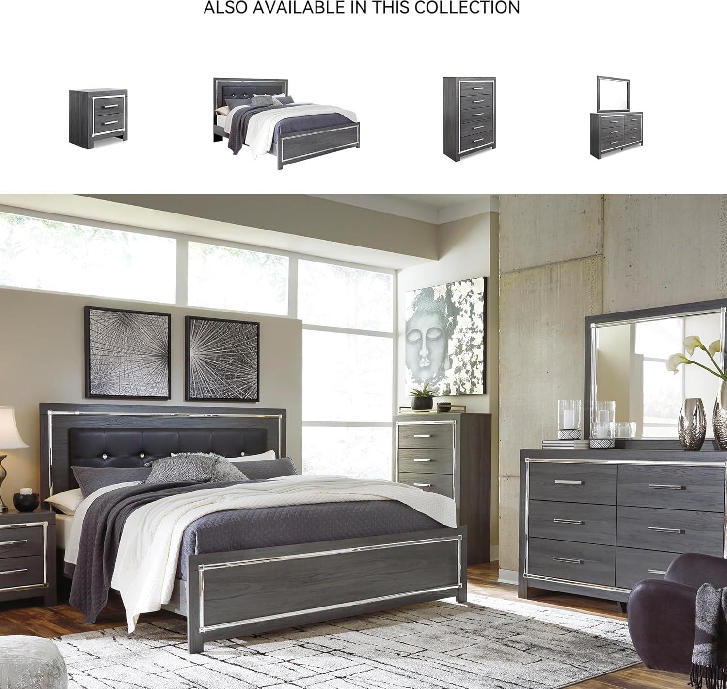 imageSignature Design by Ashley Lodanna Modern SmoothGliding 6Drawer Dresser and Mirror with Safety Stop Tipover Restraint Faceted ChromeTone Accents Lined Drawers Gray FinishGrey