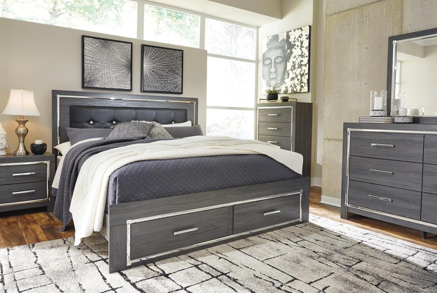 imageSignature Design by Ashley Lodanna Modern SmoothGliding 6Drawer Dresser and Mirror with Safety Stop Tipover Restraint Faceted ChromeTone Accents Lined Drawers Gray FinishGrey