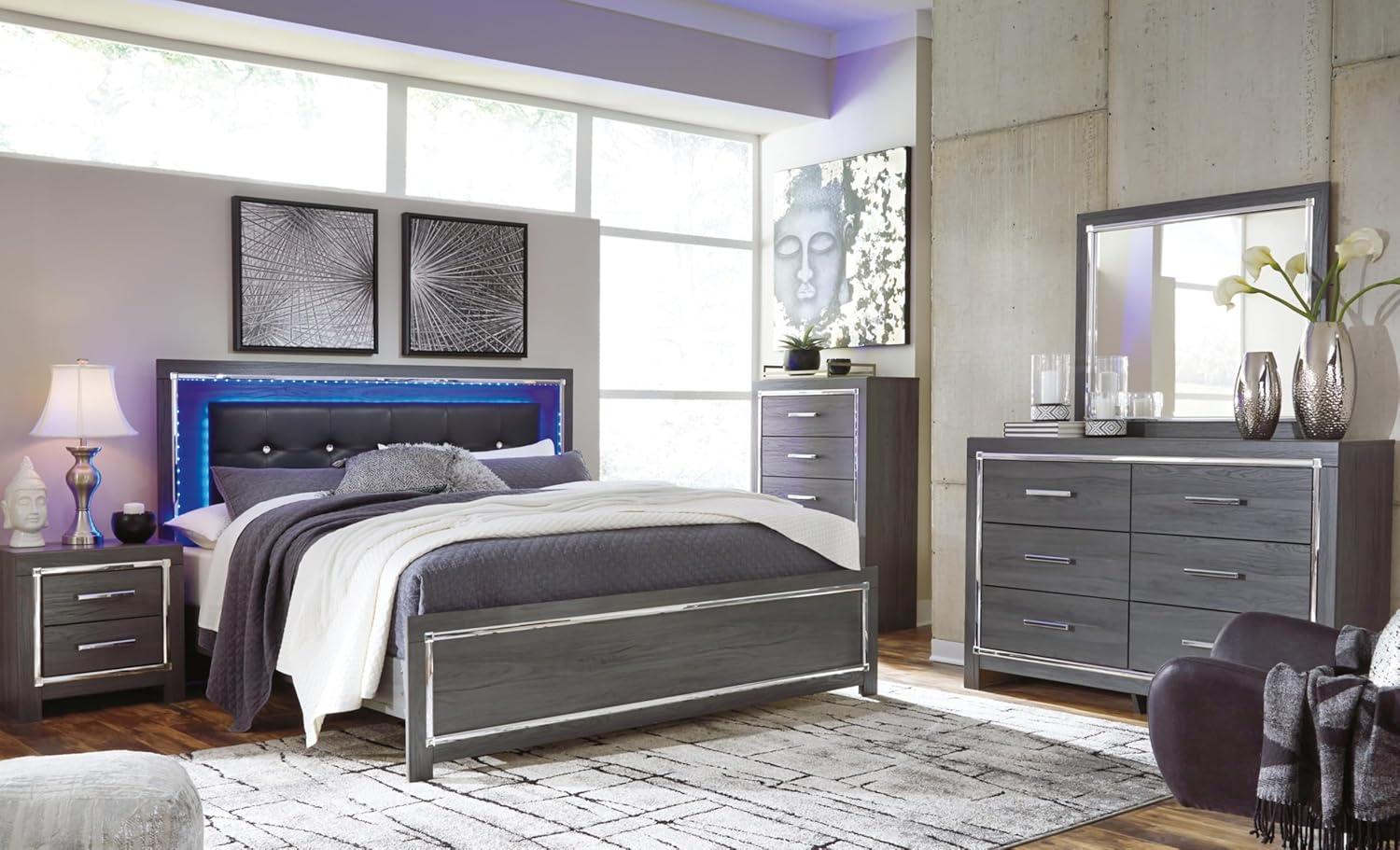 imageSignature Design by Ashley Lodanna Modern SmoothGliding 6Drawer Dresser and Mirror with Safety Stop Tipover Restraint Faceted ChromeTone Accents Lined Drawers Gray FinishGrey