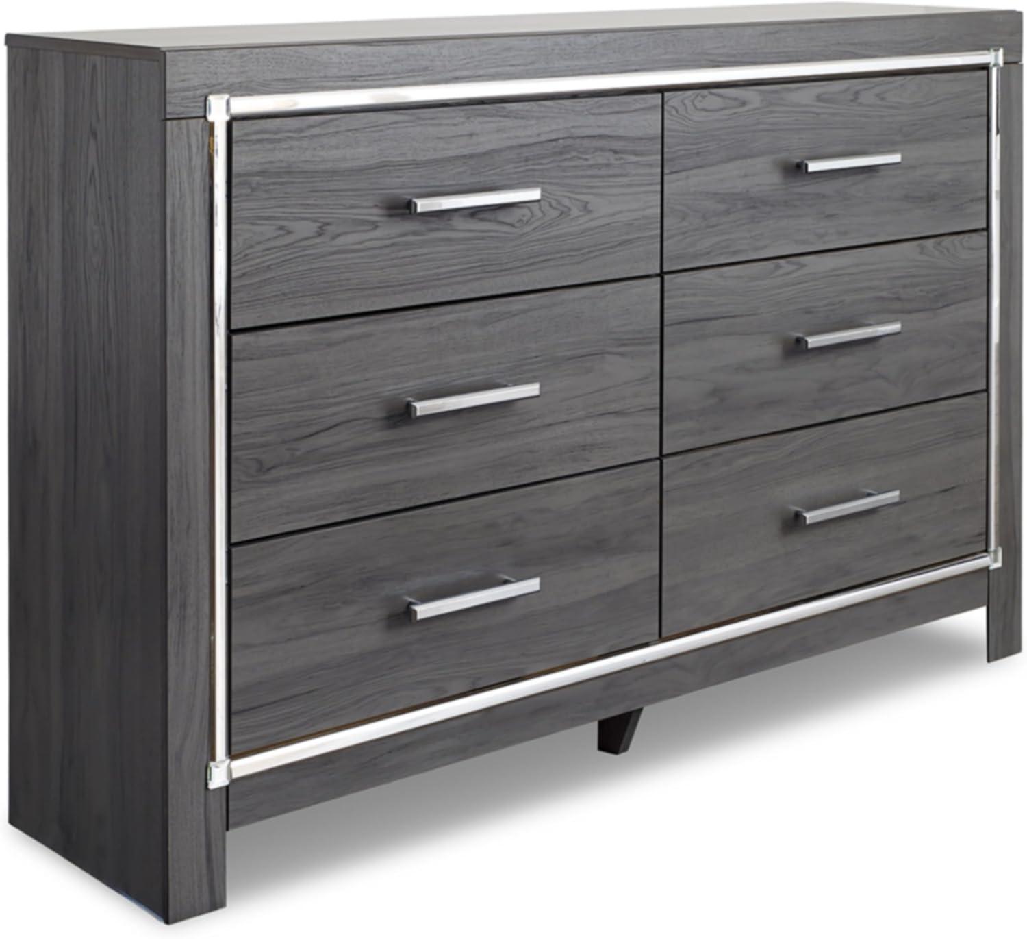 imageSignature Design by Ashley Lodanna Modern SmoothGliding 6Drawer Dresser and Mirror with Safety Stop Tipover Restraint Faceted ChromeTone Accents Lined Drawers Gray FinishGrey