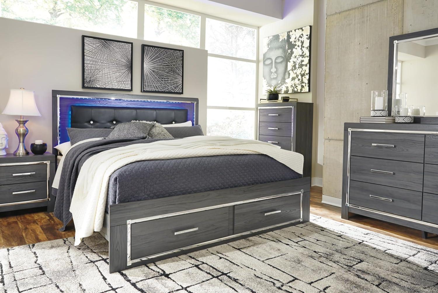 imageSignature Design by Ashley Lodanna Modern SmoothGliding 6Drawer Dresser and Mirror with Safety Stop Tipover Restraint Faceted ChromeTone Accents Lined Drawers Gray FinishGrey