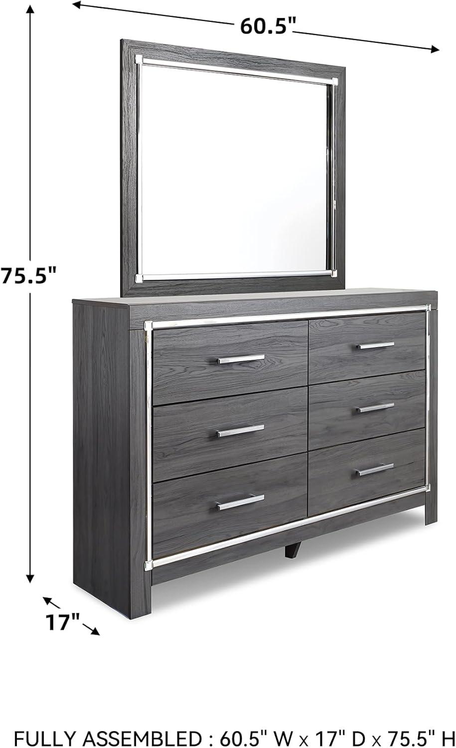 imageSignature Design by Ashley Lodanna Modern SmoothGliding 6Drawer Dresser and Mirror with Safety Stop Tipover Restraint Faceted ChromeTone Accents Lined Drawers Gray FinishGrey