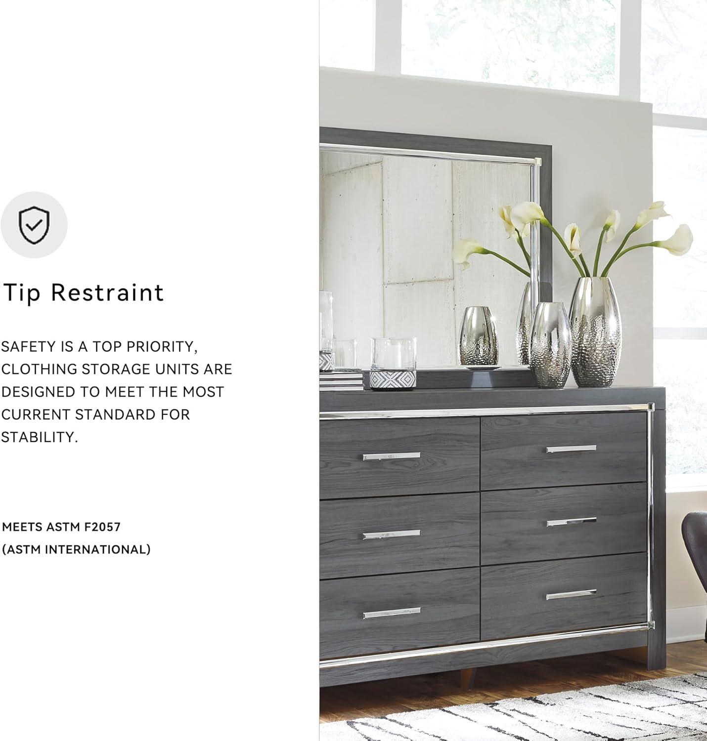 imageSignature Design by Ashley Lodanna Modern SmoothGliding 6Drawer Dresser and Mirror with Safety Stop Tipover Restraint Faceted ChromeTone Accents Lined Drawers Gray FinishGrey