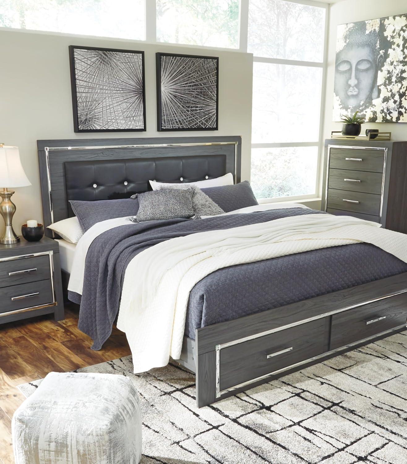 imageSignature Design by Ashley Lodanna Modern SmoothGliding 6Drawer Dresser and Mirror with Safety Stop Tipover Restraint Faceted ChromeTone Accents Lined Drawers Gray FinishGrey
