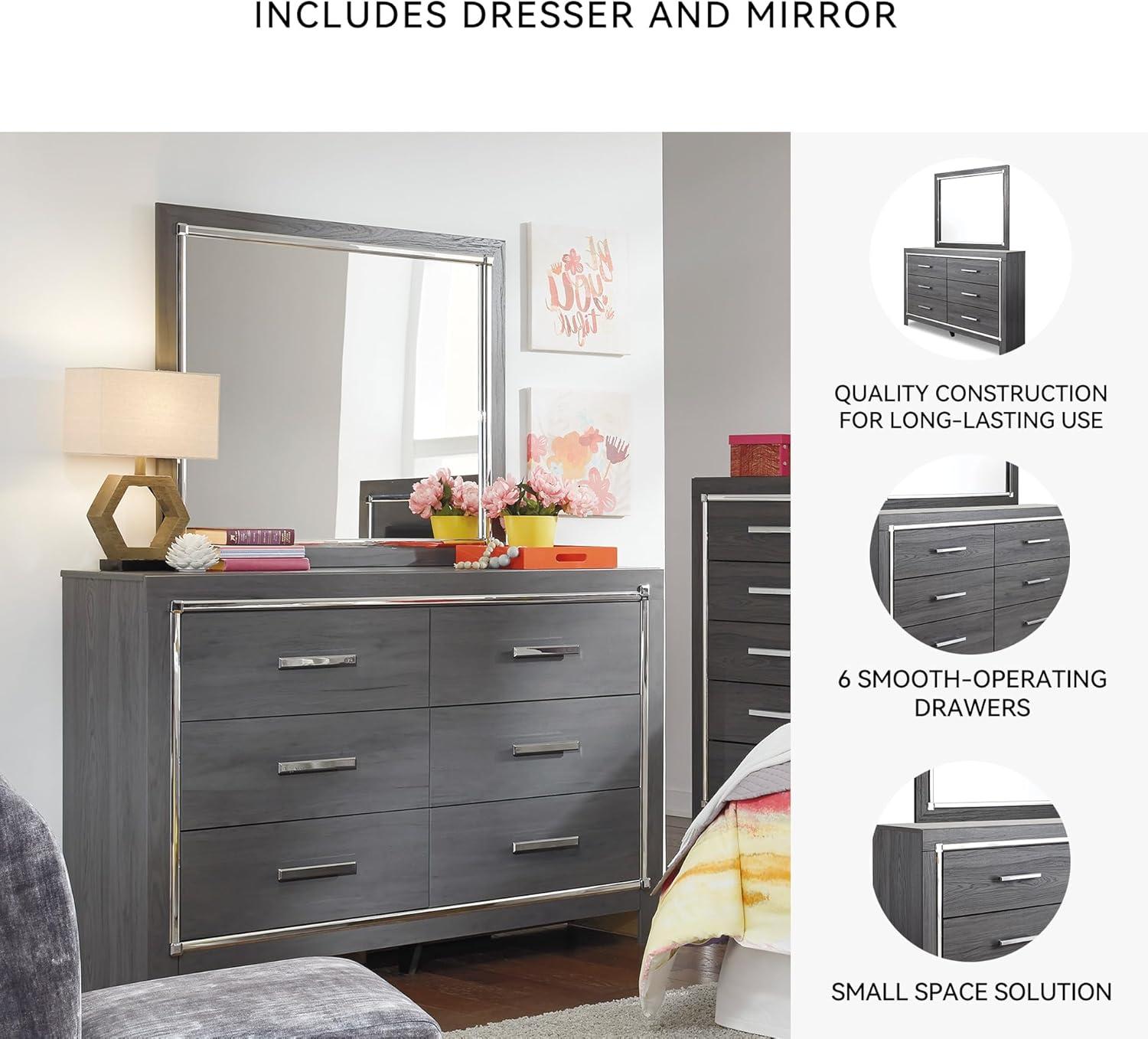 imageSignature Design by Ashley Lodanna Modern SmoothGliding 6Drawer Dresser and Mirror with Safety Stop Tipover Restraint Faceted ChromeTone Accents Lined Drawers Gray FinishGrey
