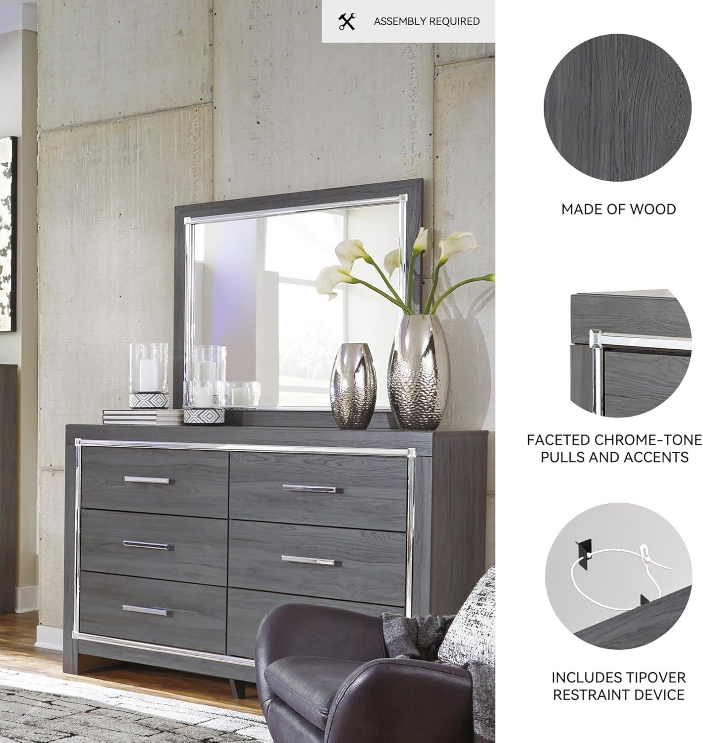imageSignature Design by Ashley Lodanna Modern SmoothGliding 6Drawer Dresser and Mirror with Safety Stop Tipover Restraint Faceted ChromeTone Accents Lined Drawers Gray FinishGrey