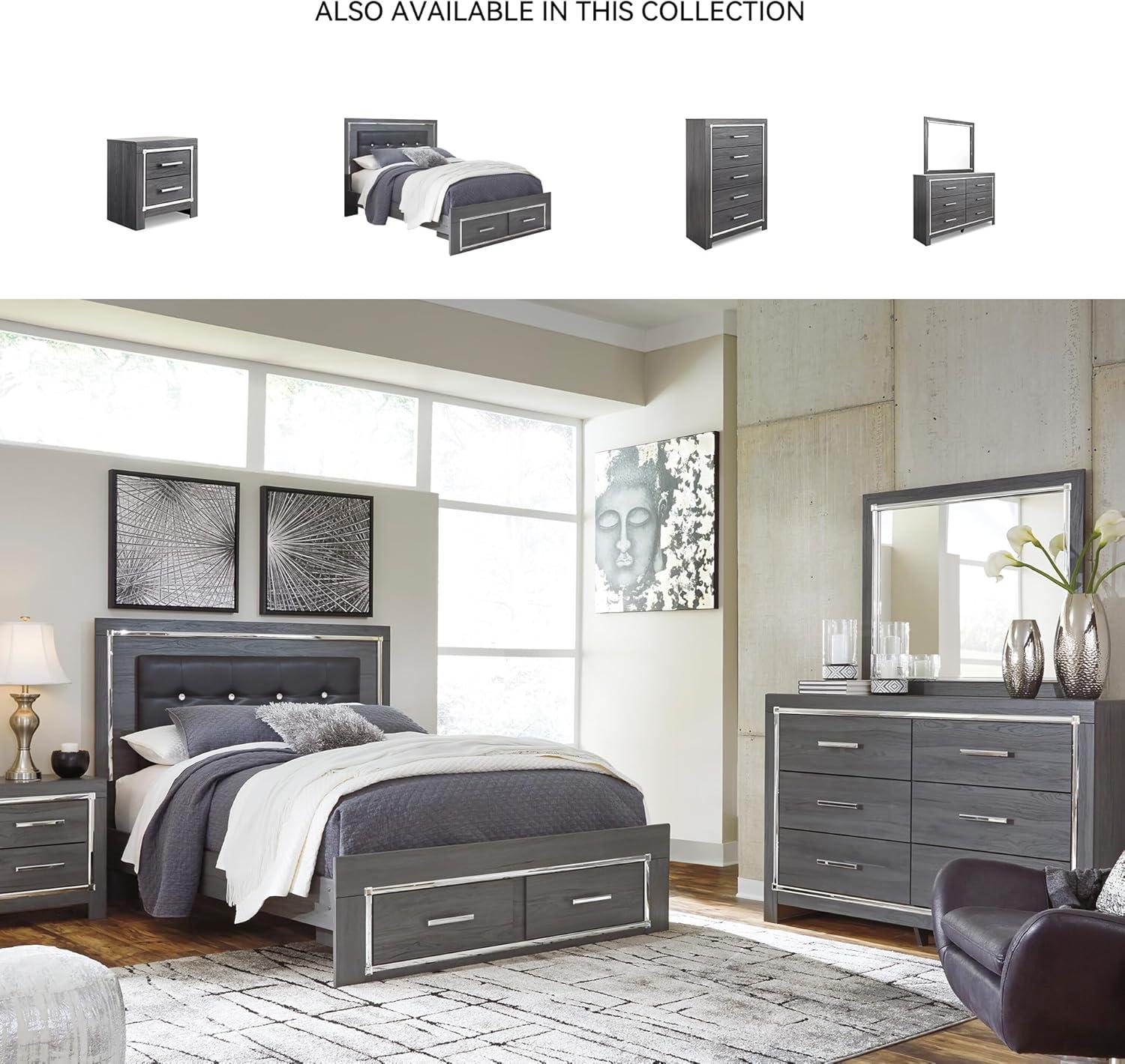imageSignature Design by Ashley Lodanna Modern SmoothGliding 6Drawer Dresser and Mirror with Safety Stop Tipover Restraint Faceted ChromeTone Accents Lined Drawers Gray FinishGrey