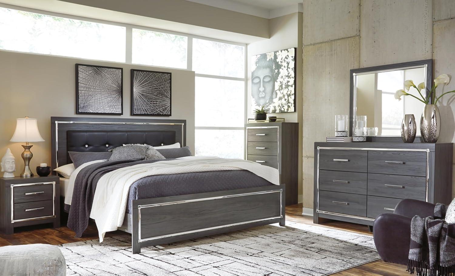 imageSignature Design by Ashley Lodanna Modern SmoothGliding 6Drawer Dresser and Mirror with Safety Stop Tipover Restraint Faceted ChromeTone Accents Lined Drawers Gray FinishGrey