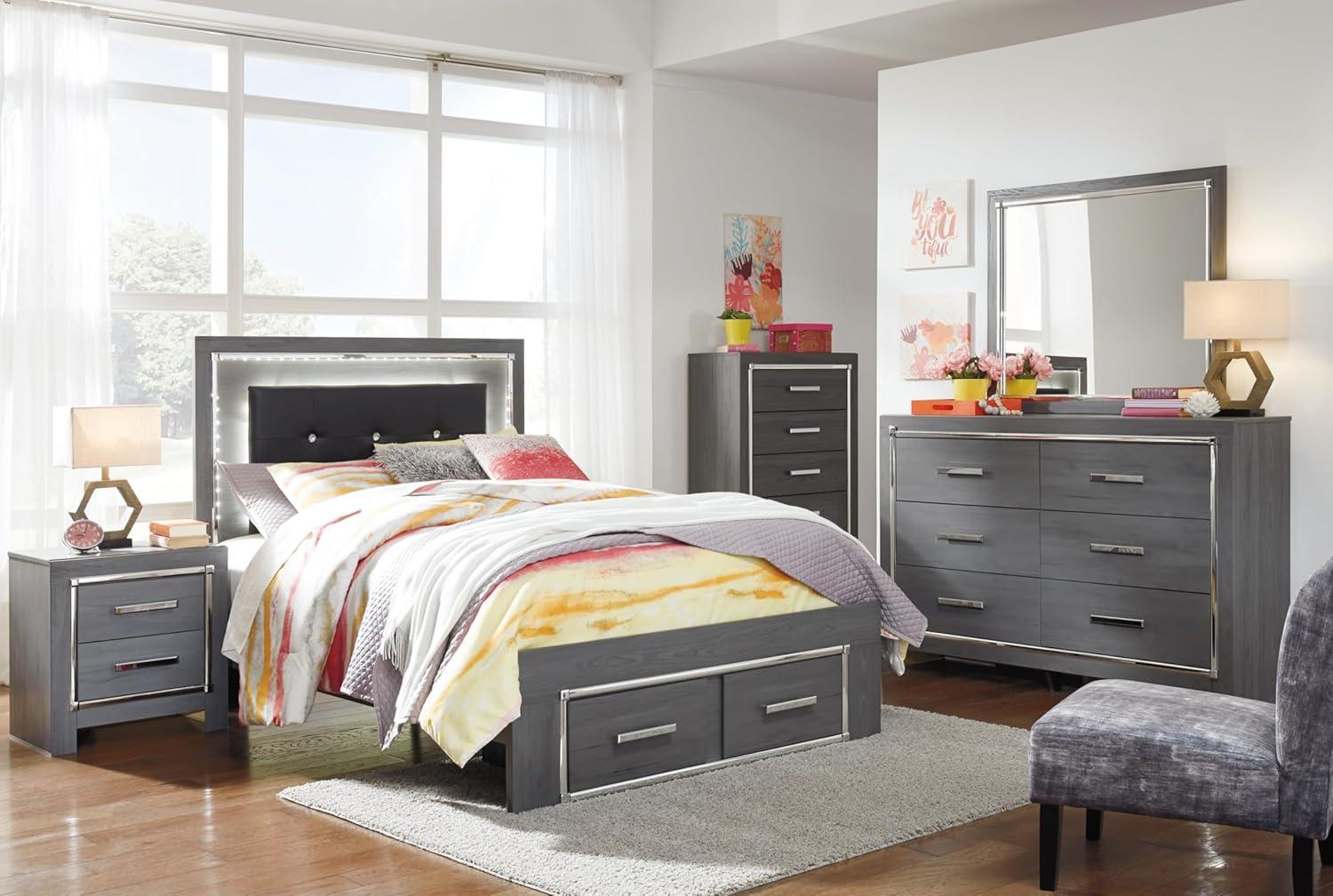 imageSignature Design by Ashley Lodanna Modern SmoothGliding 6Drawer Dresser and Mirror with Safety Stop Tipover Restraint Faceted ChromeTone Accents Lined Drawers Gray FinishGrey