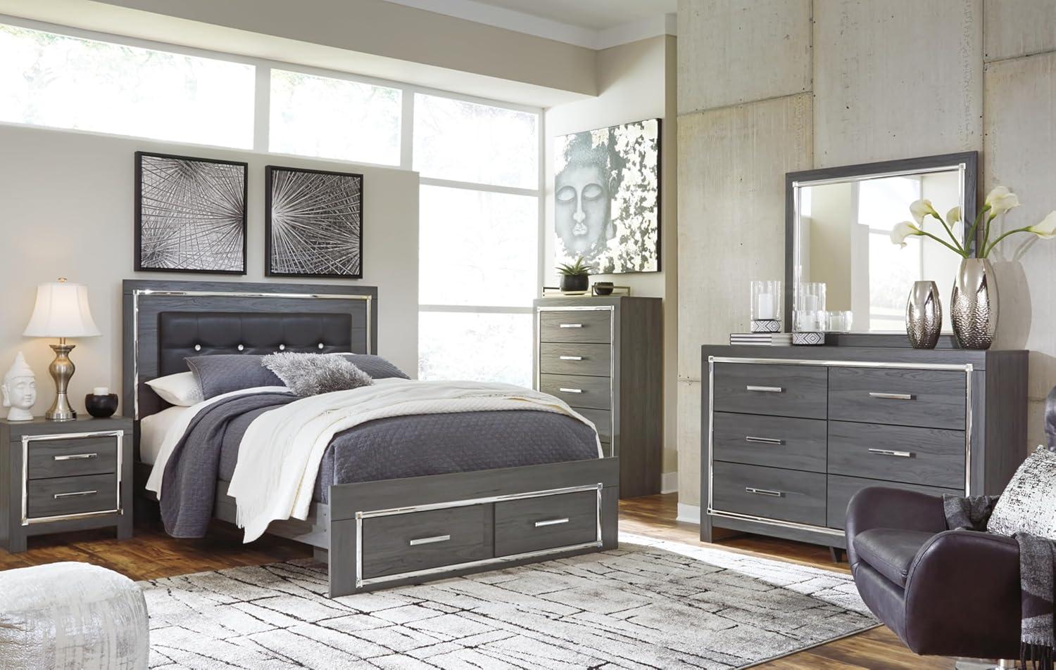 imageSignature Design by Ashley Lodanna Modern SmoothGliding 6Drawer Dresser and Mirror with Safety Stop Tipover Restraint Faceted ChromeTone Accents Lined Drawers Gray FinishGrey