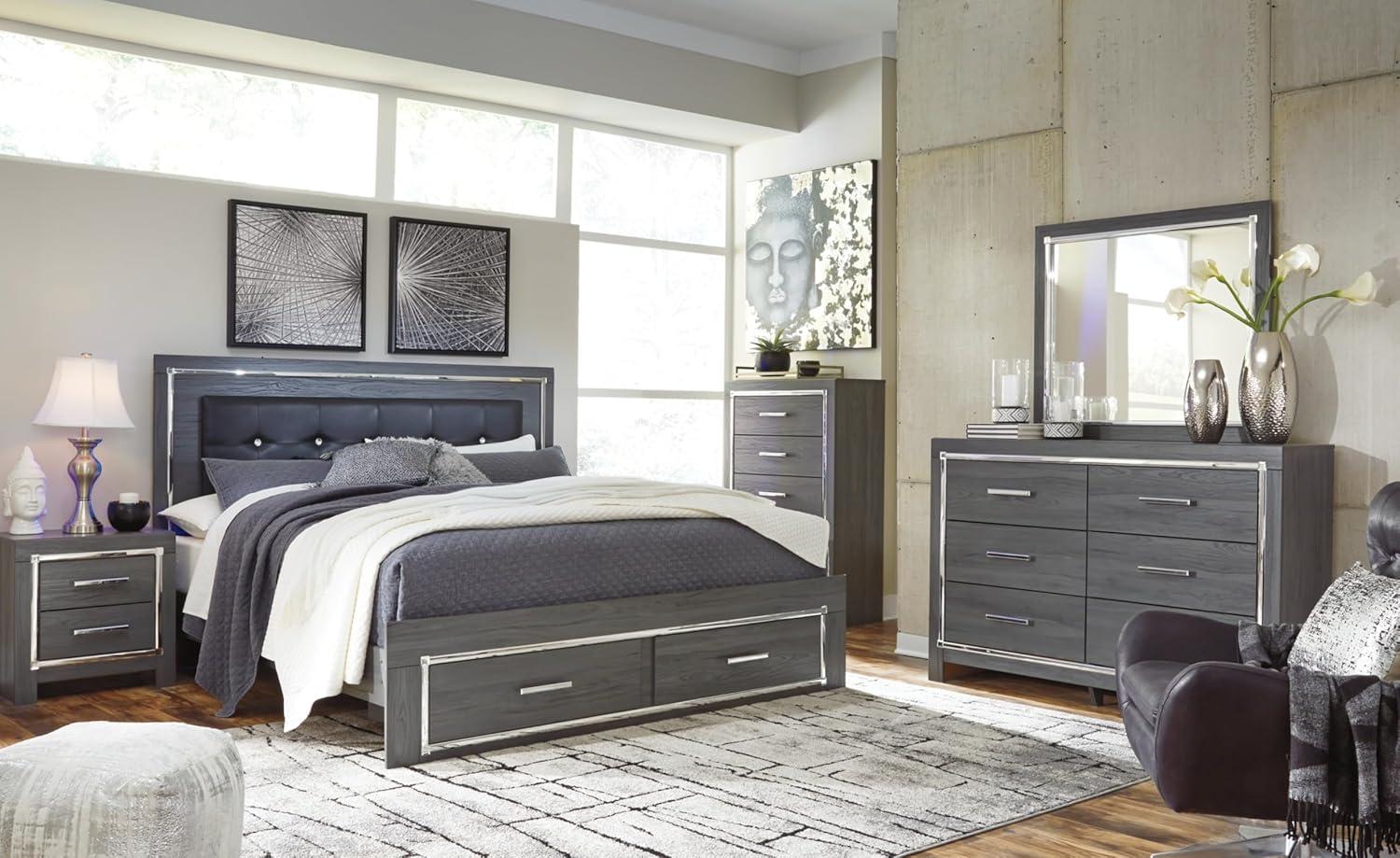 imageSignature Design by Ashley Lodanna Modern SmoothGliding 6Drawer Dresser and Mirror with Safety Stop Tipover Restraint Faceted ChromeTone Accents Lined Drawers Gray FinishGrey