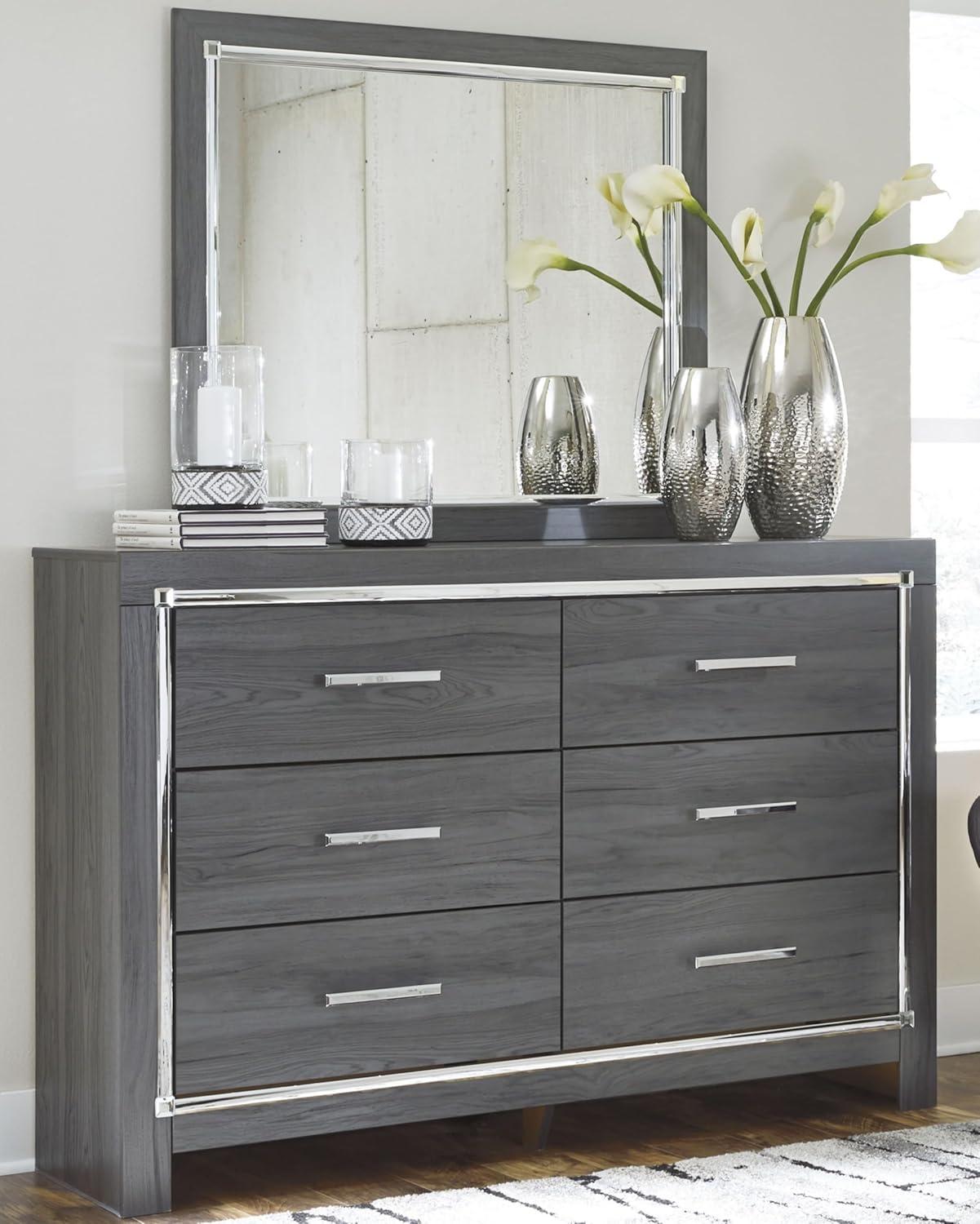 imageSignature Design by Ashley Lodanna Modern SmoothGliding 6Drawer Dresser and Mirror with Safety Stop Tipover Restraint Faceted ChromeTone Accents Lined Drawers Gray FinishGrey