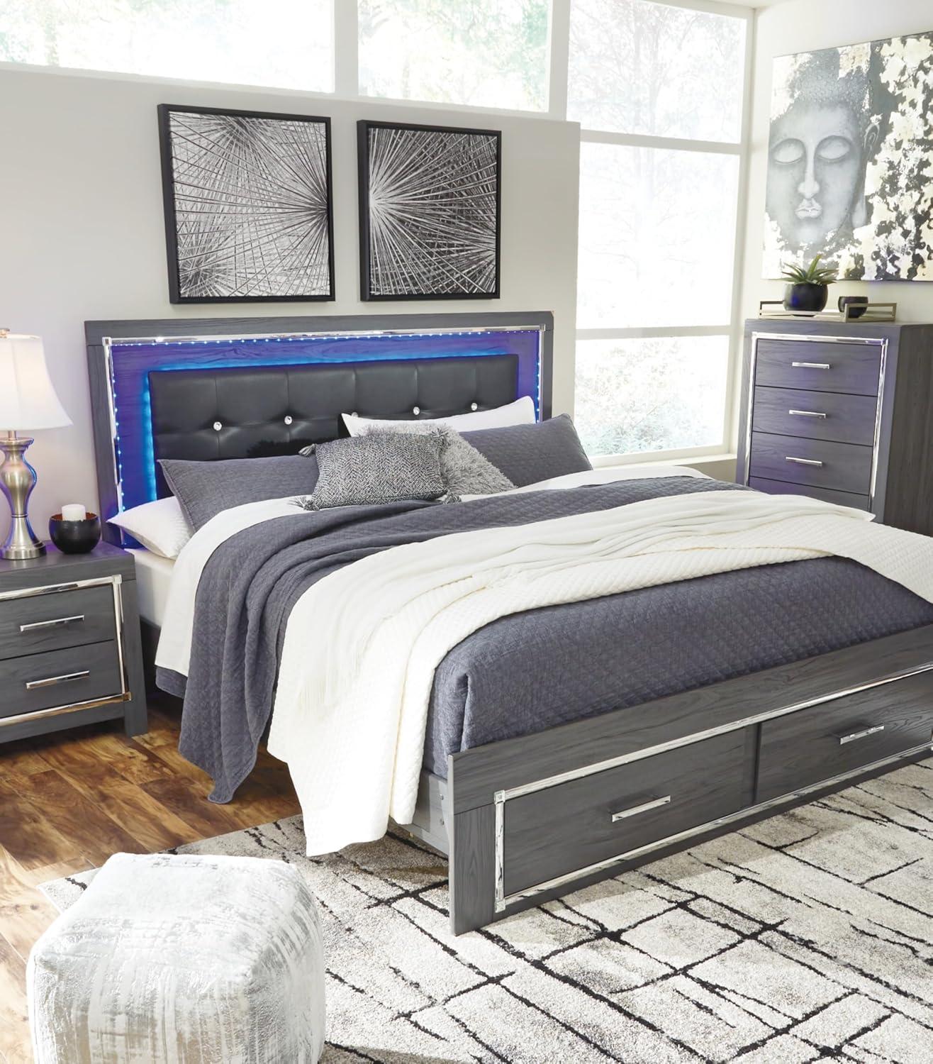 imageSignature Design by Ashley Lodanna Modern SmoothGliding 6Drawer Dresser and Mirror with Safety Stop Tipover Restraint Faceted ChromeTone Accents Lined Drawers Gray FinishGrey