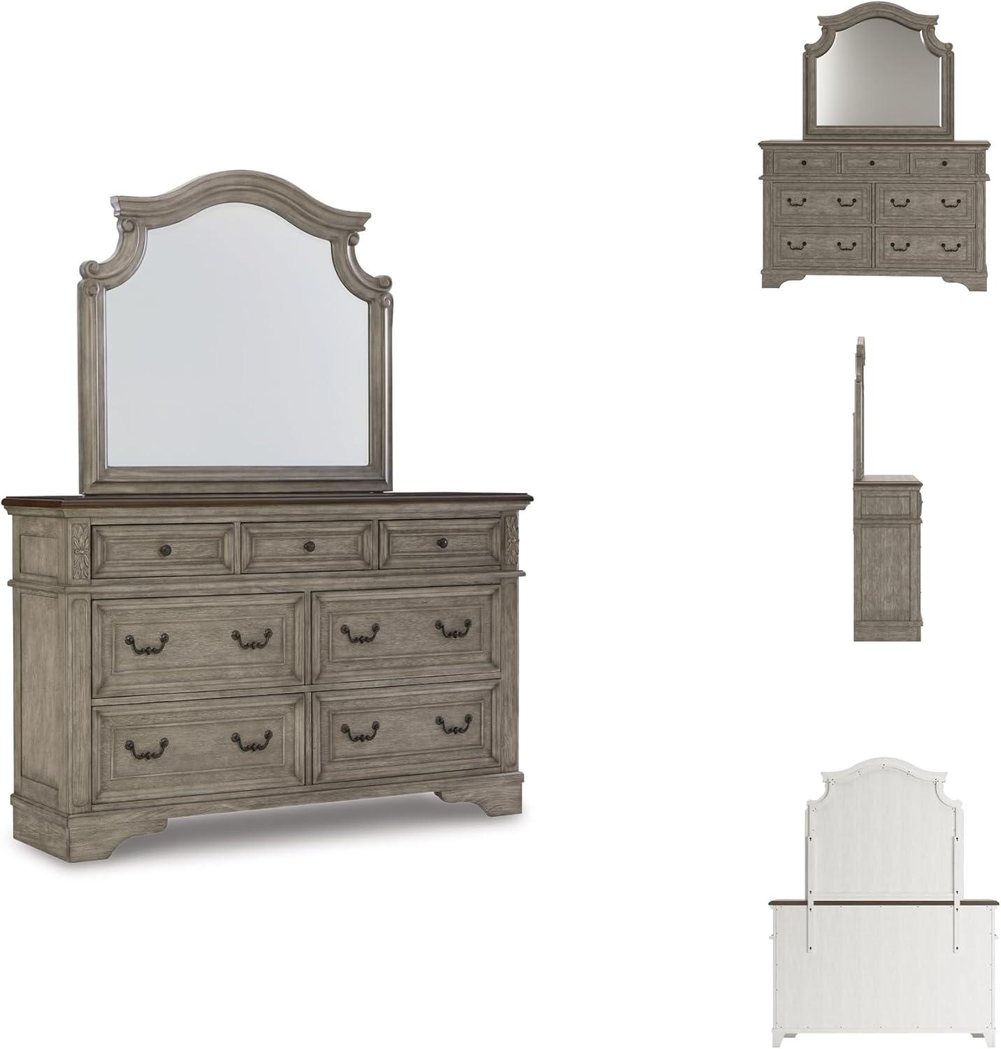 imageSignature Design by Ashley Lodenbay Casual SmoothGliding 7Drawer Dresser and Mirror with Safety Stop Light Gray ampamp Dark BrownAntique Gray