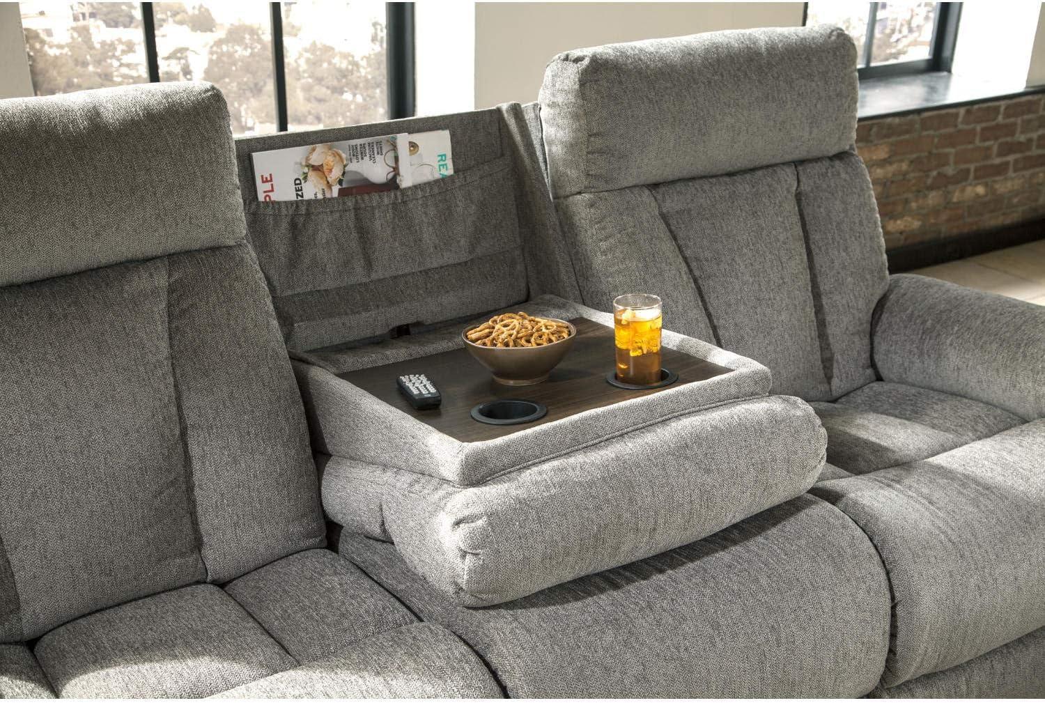 imageSignature Design by Ashley Mitchiner Contemporary Manual Reclining Sofa with Center Drop Down ampamp Cup Holders GrayReclining Sofa