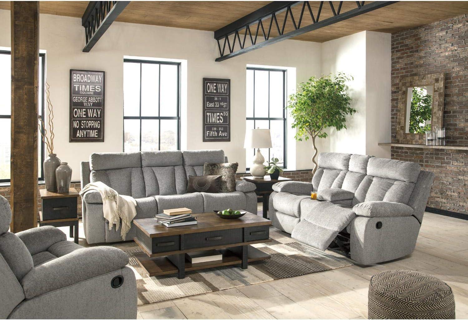 imageSignature Design by Ashley Mitchiner Contemporary Manual Reclining Sofa with Center Drop Down ampamp Cup Holders GrayReclining Sofa