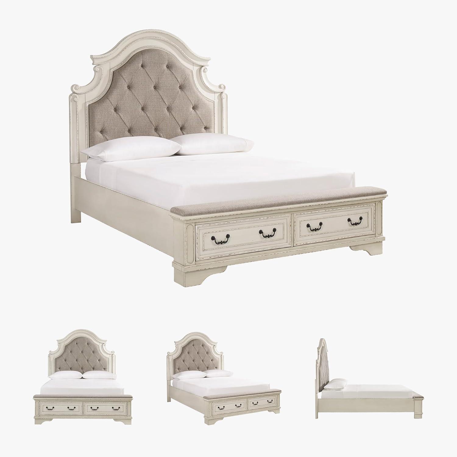 imageSignature Design by Ashley Realyn Traditional Upholstered Tufted Queen Storage Platform Bed with 2 Drawers Foundation or Box Spring Not Needed White ampamp BeigeTwotone