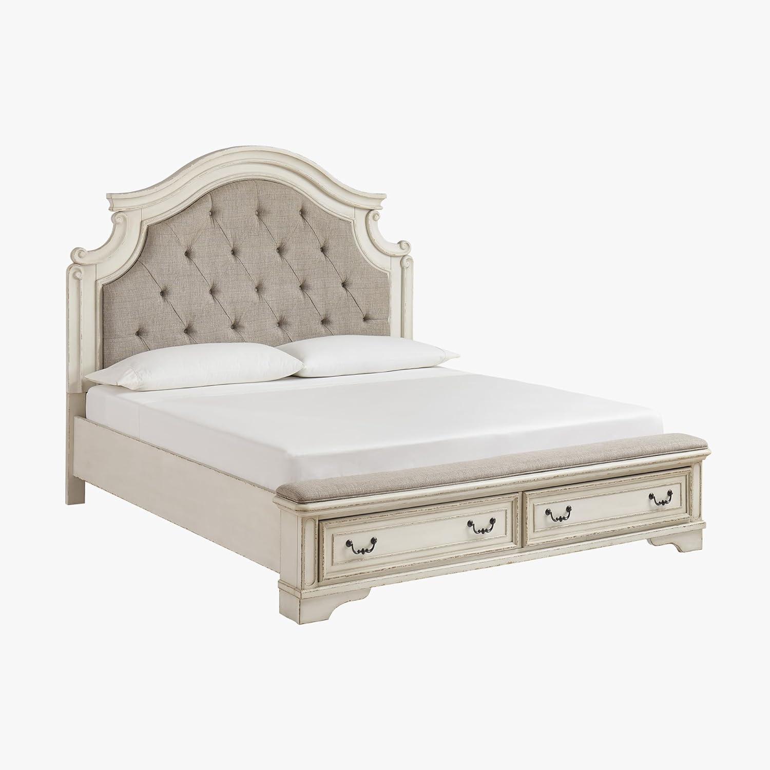 imageSignature Design by Ashley Realyn Traditional Upholstered Tufted Queen Storage Platform Bed with 2 Drawers Foundation or Box Spring Not Needed White ampamp BeigeTwotone